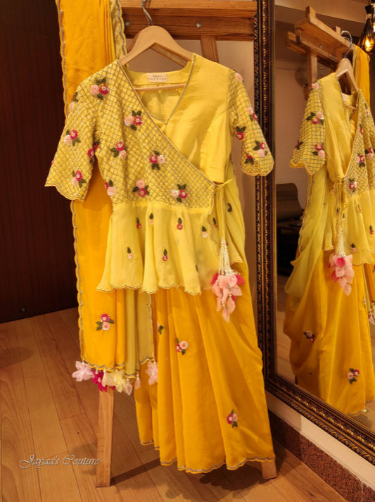 Yellow Ombre Shaded saree with angrakha peplum blouse