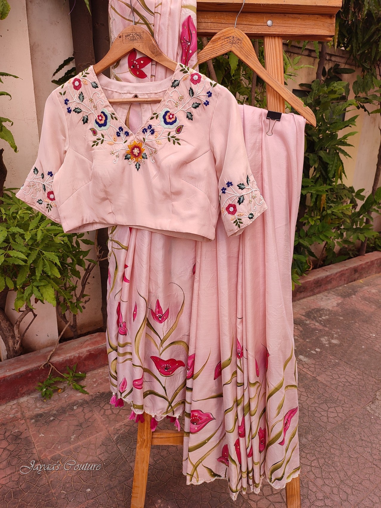 pastel peach handpainted saree with thread work blouse