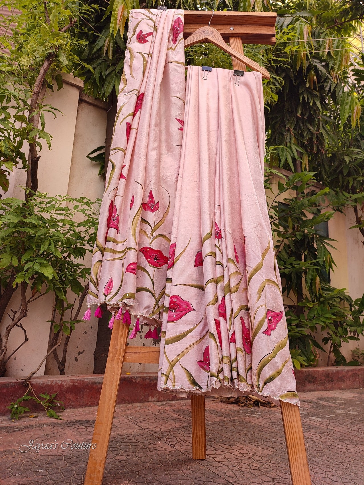 pastel peach handpainted saree with thread work blouse