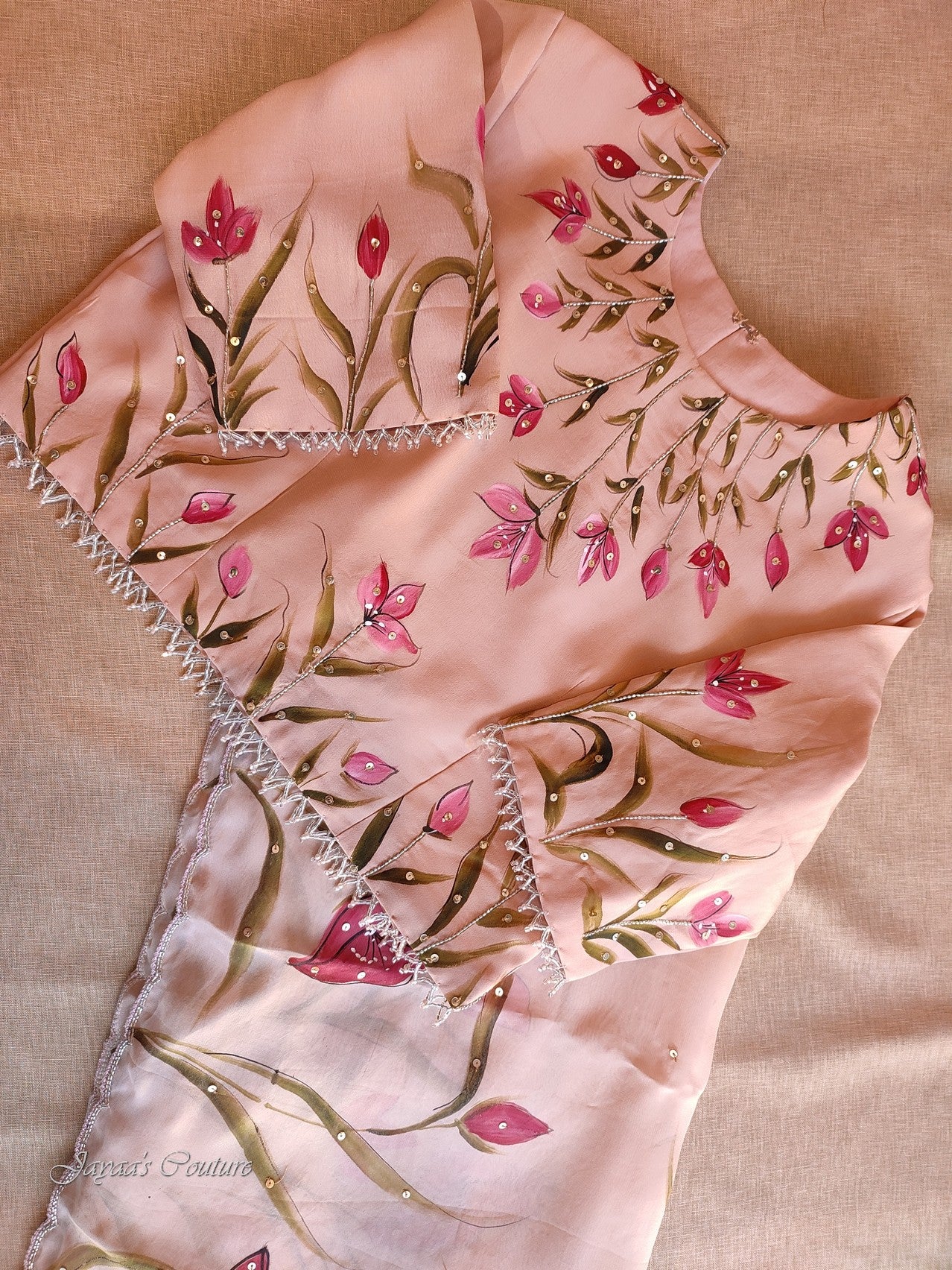 Dusty peach hand painted saree with blouse