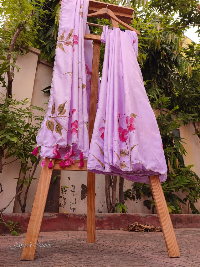 Lavender hand painted saree with blouse