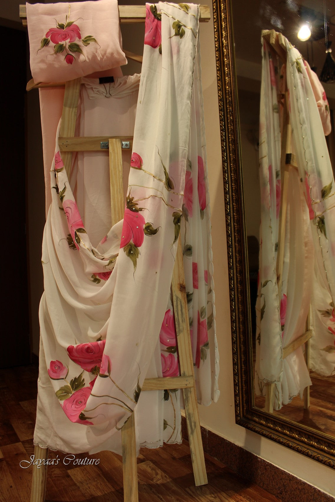 Off white pink shaded hand painted saree with blouse