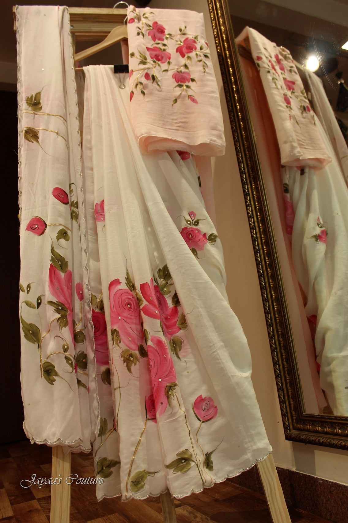 Off white pink shaded hand painted saree with blouse