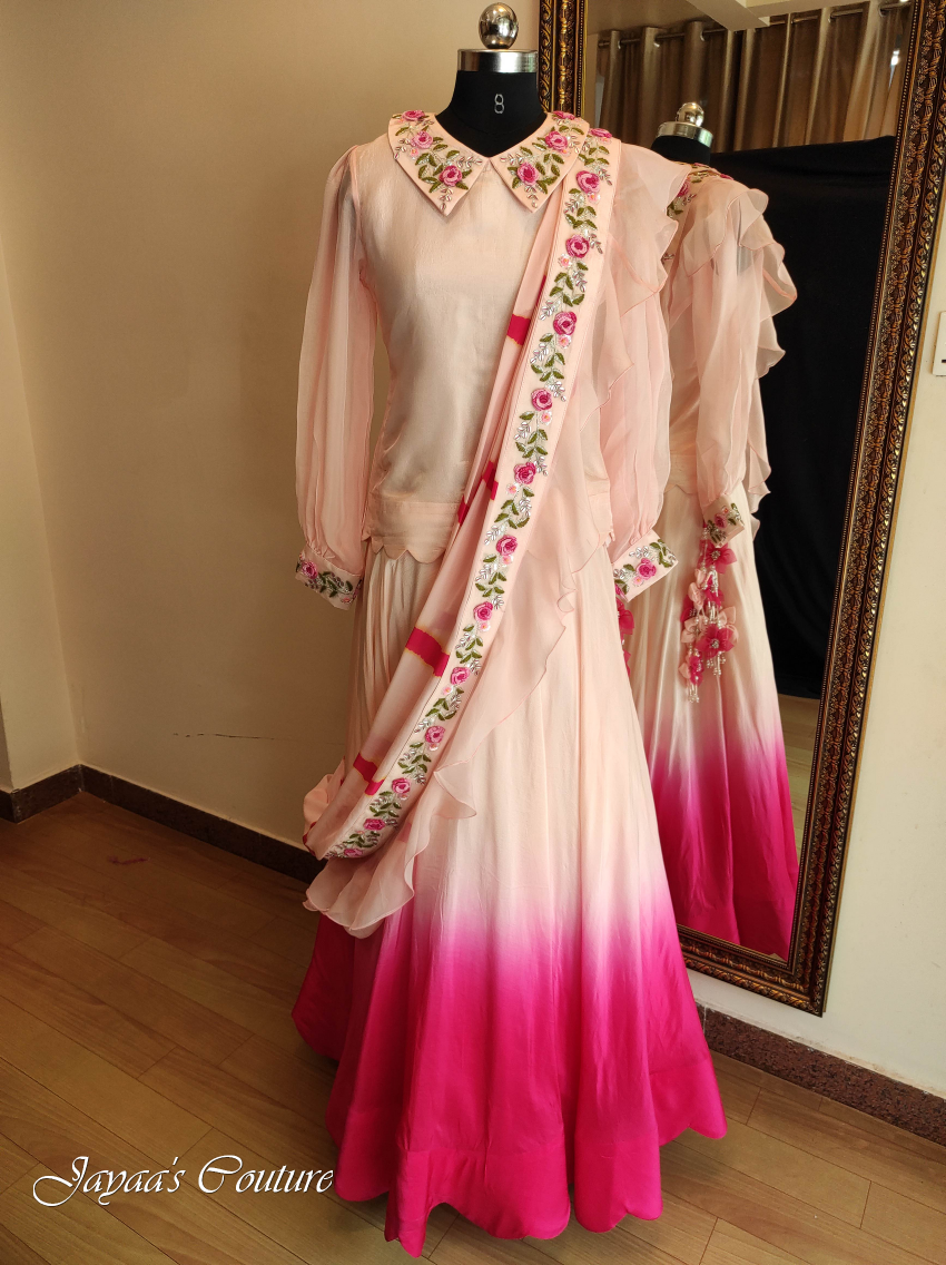 Peach top & ombre skirt with draped dupatta