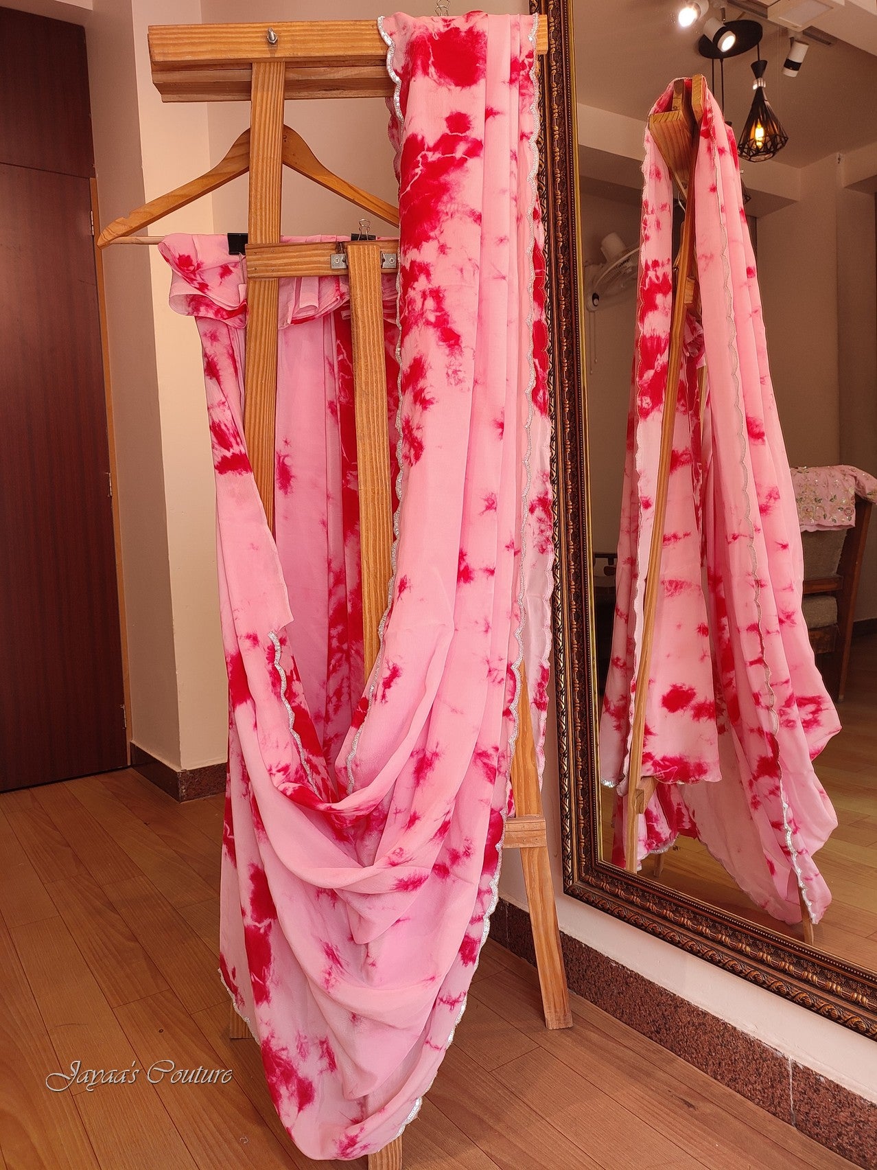 Pink tie and dye saree with handwork blouse