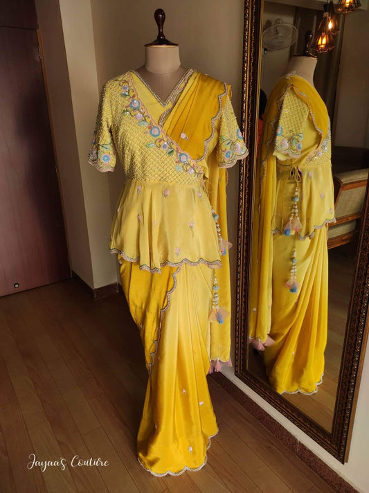 Ombre yellow saree with angrakha peplum blouse