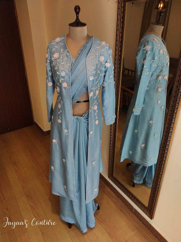 Powder blue saree blouse and shrug