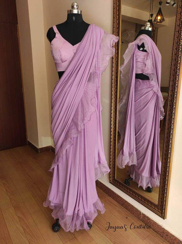 Lavender ruffled saree with blouse and organza jacket