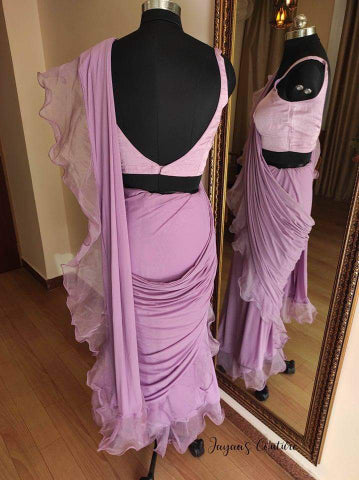 Lavender ruffled saree with blouse and organza jacket