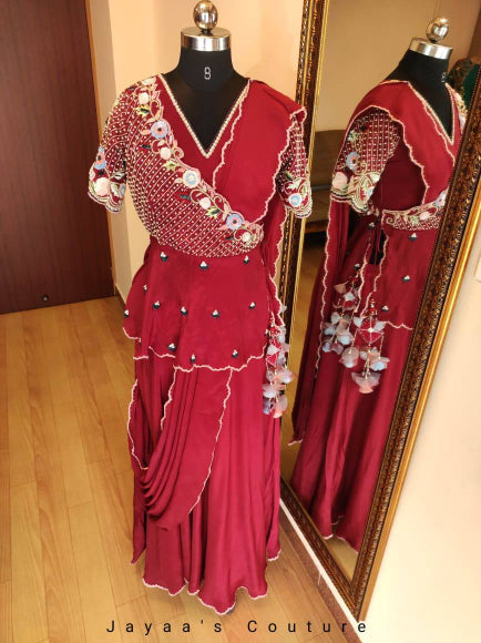 Marron draped saree with angrakha peplum blouse