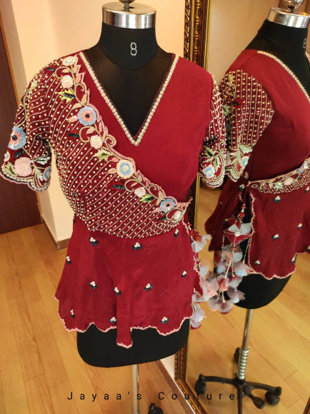Marron draped saree with angrakha peplum blouse