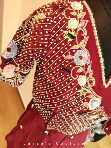 Marron draped saree with angrakha peplum blouse