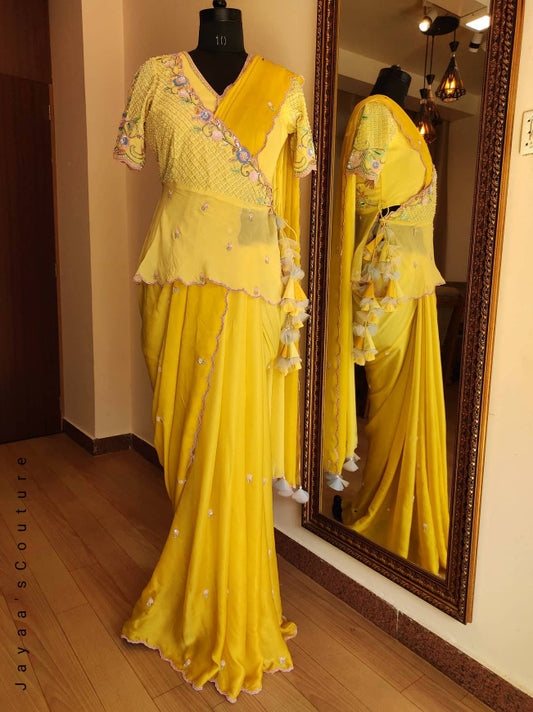 Ombre yellow saree with angrakha peplum blouse