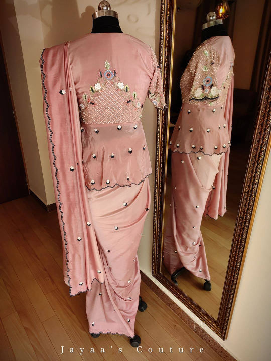 Sand pink shaded saree with angrakha peplum blouse