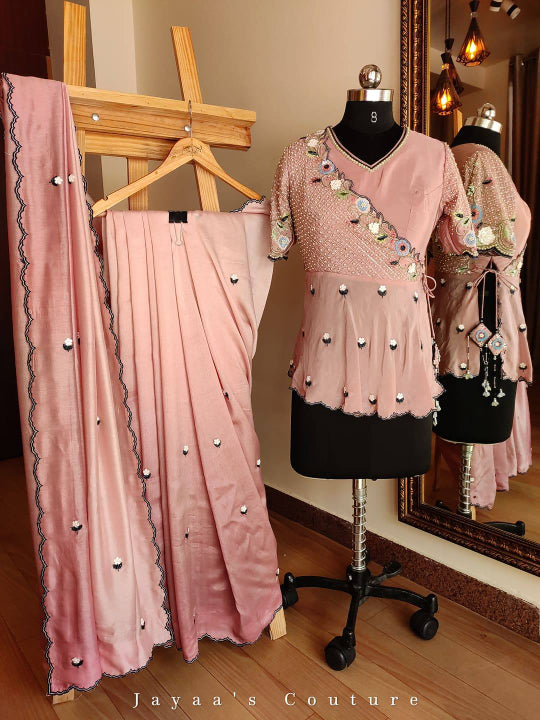 Sand pink shaded saree with angrakha peplum blouse