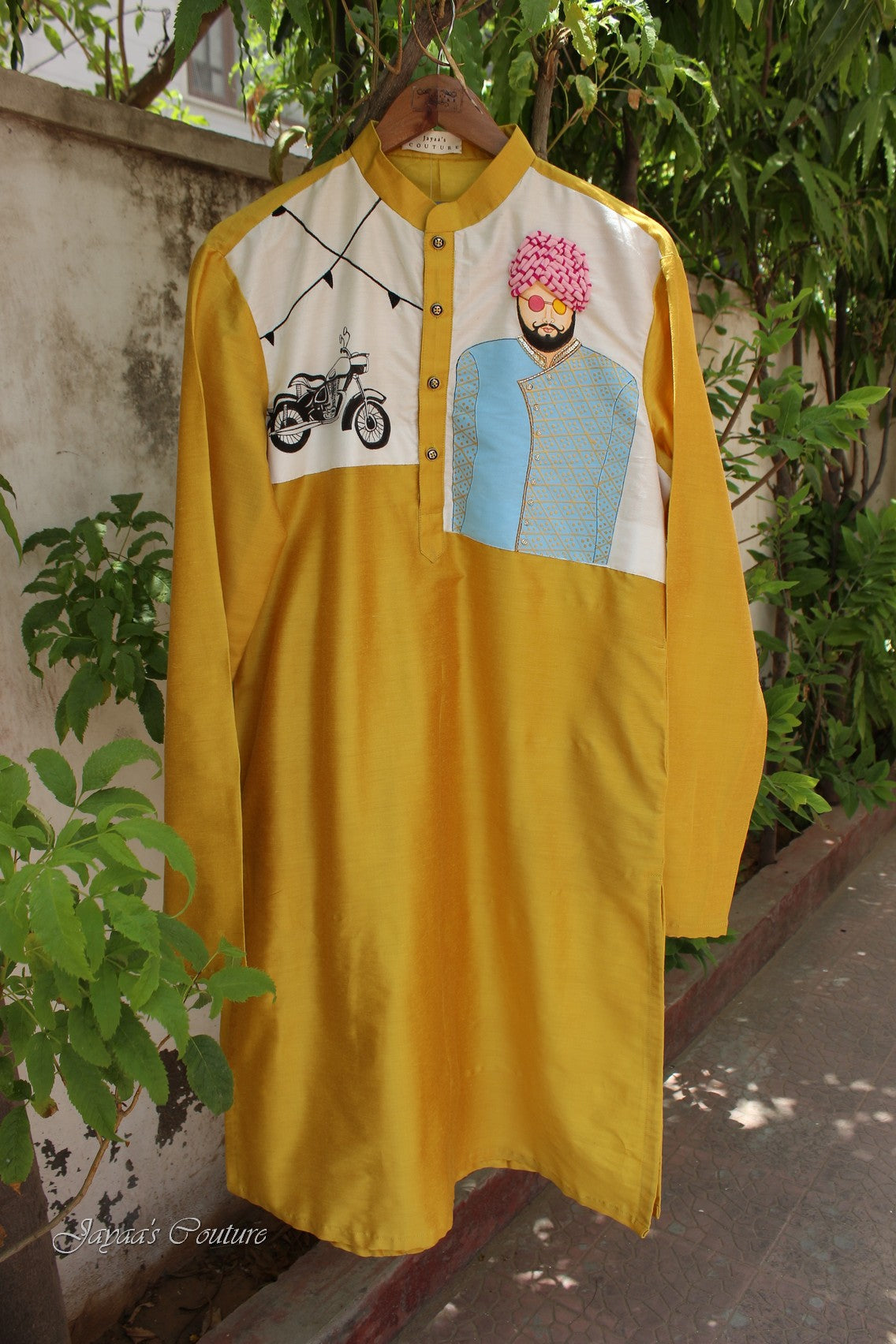 Yellow hand painted mens kurta with pants