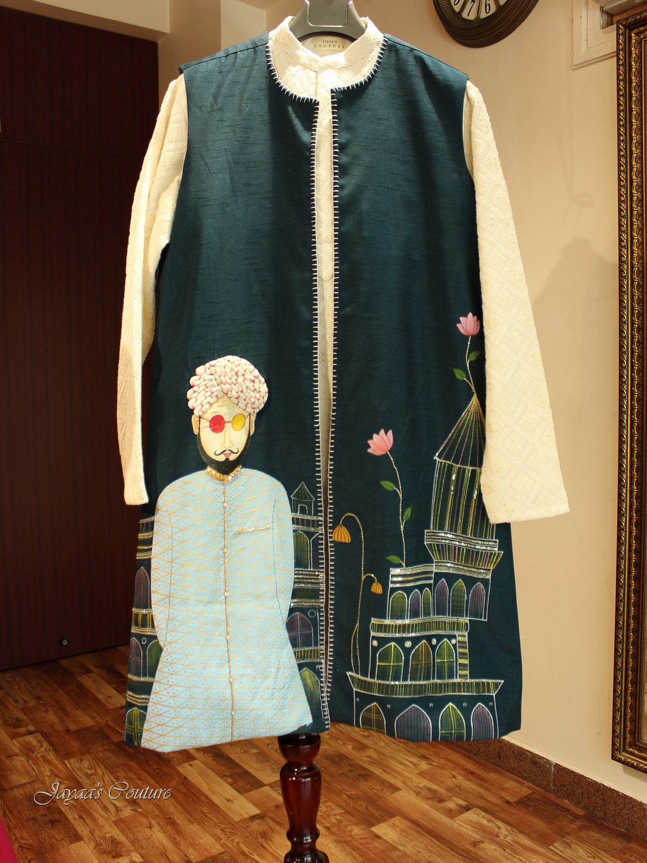 Chiken Kari kurta with hand painted jacket and pants