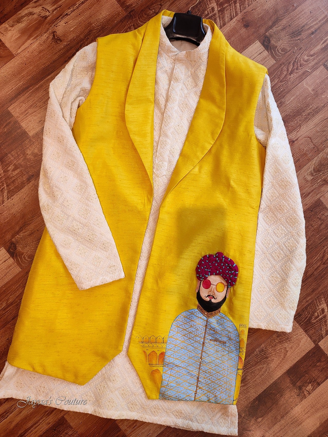 Mustard yellow jacket with kurta and pants