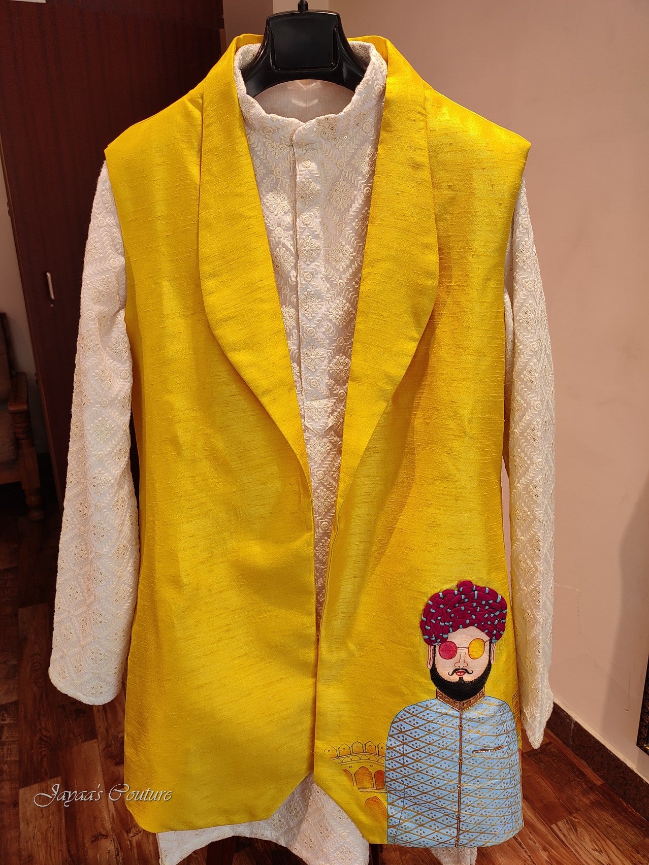 Mustard yellow jacket with kurta and pants