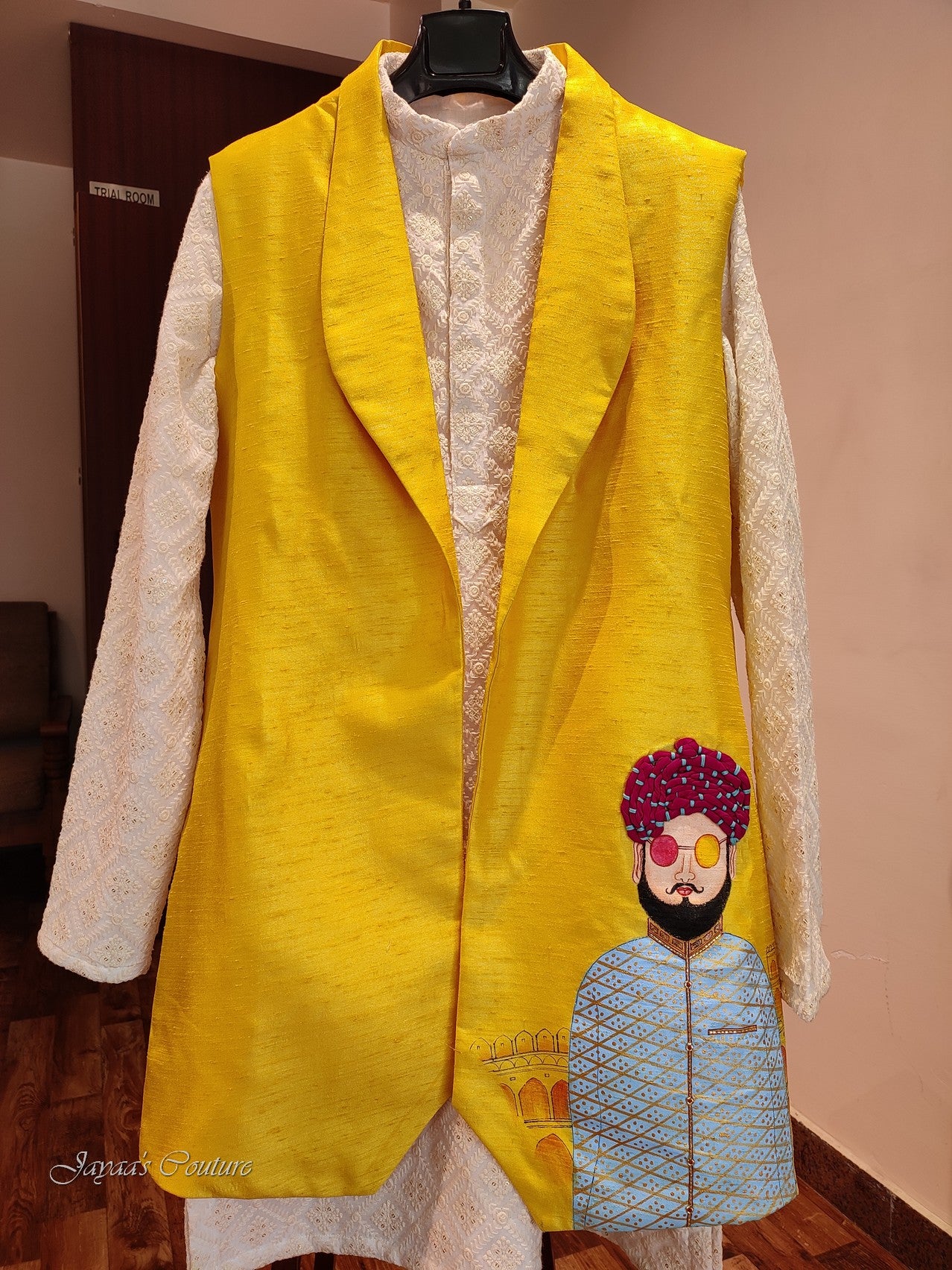 Mustard yellow jacket with kurta and pants