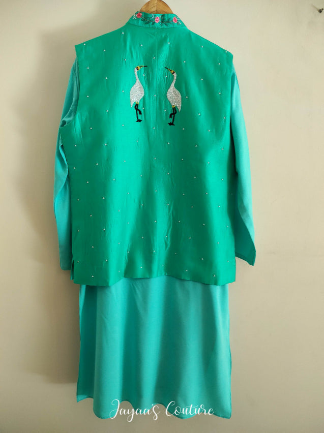 sea green neheru jacket kurta with pants