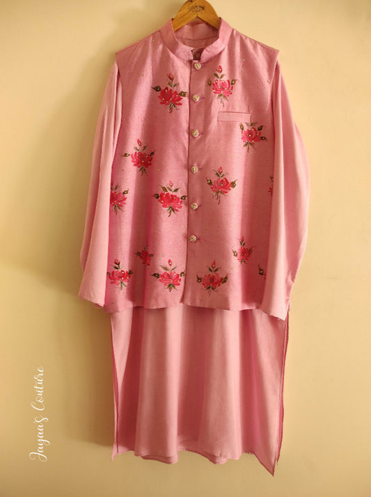 dusty pink neheru jacket with kurta pants