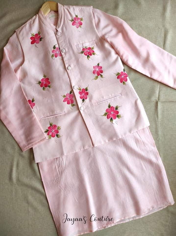 Blush Pink Hand painted kurta with neheru jacket