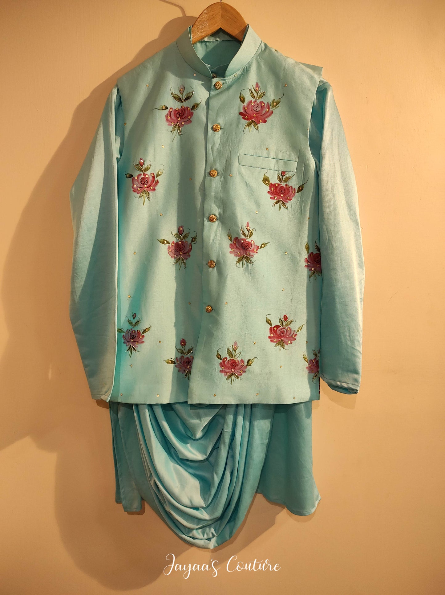 Pastel sky blue draped kurta with jacket and pants
