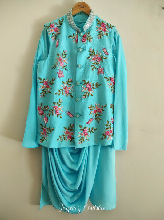 Pastel sky blue neheru jacket with drape kurta pants