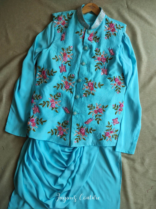 Pastel sky blue neheru jacket with drape kurta pants