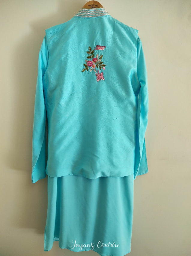 Pastel sky blue neheru jacket with drape kurta pants