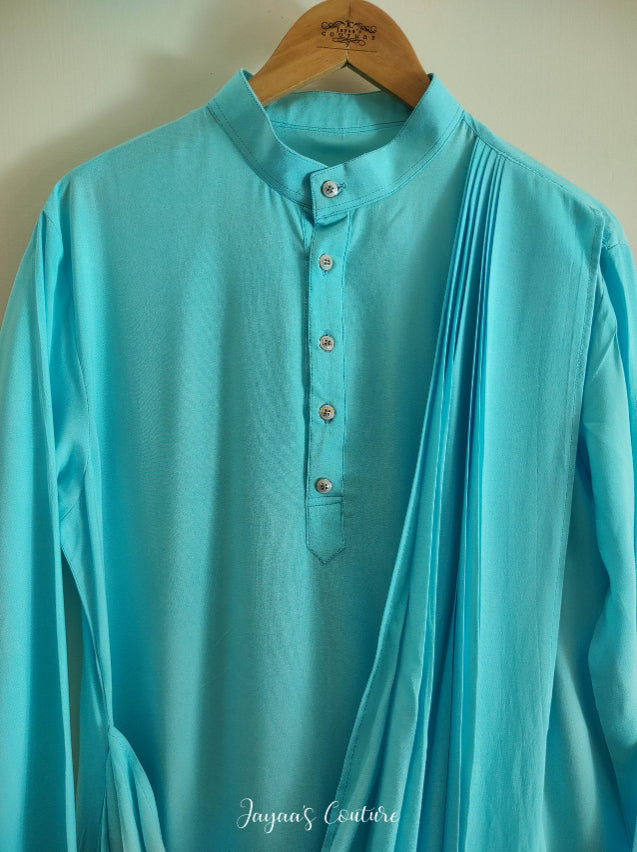 Pastel sky blue neheru jacket with drape kurta pants
