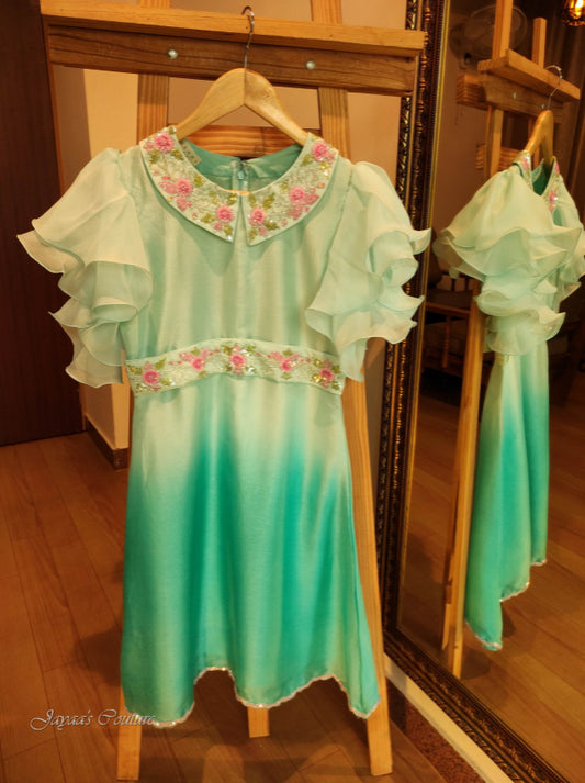 Pastel sea green ombre shaded Dress with Embroidered belt