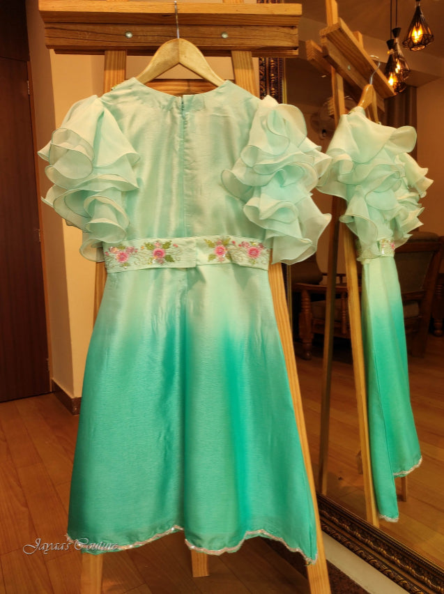 Pastel sea green ombre shaded Dress with Embroidered belt