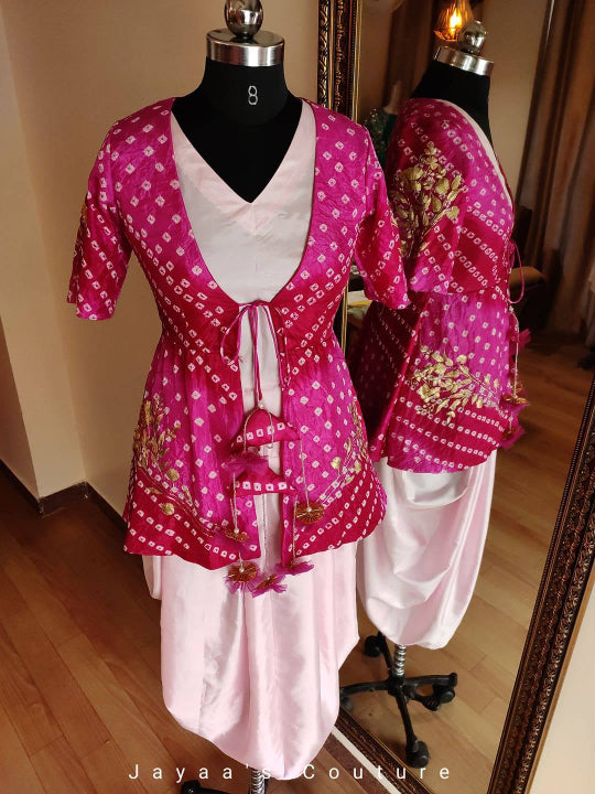 Baby Pink Jump Suit with Bandhej Jacket