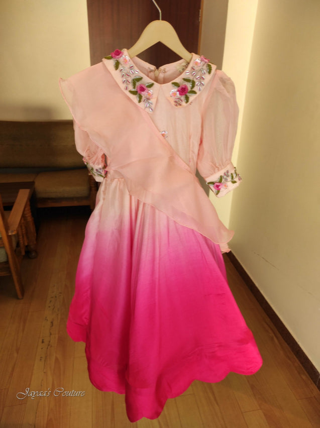 Peach to dark pink ombre gown with frilled dupatta