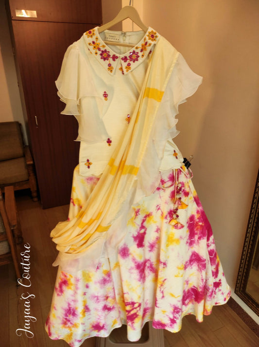 Off white top with Tie & Dye skirt and Draped Dupatta