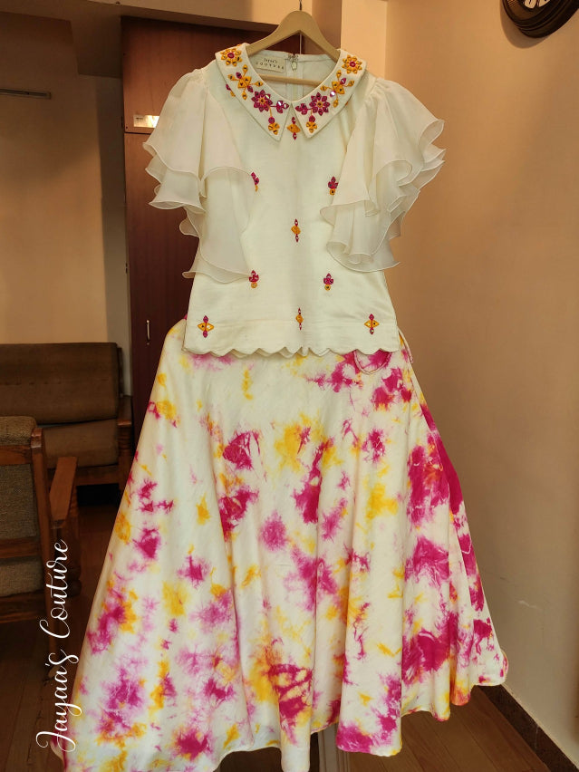 Off white top with Tie & Dye skirt and Draped Dupatta
