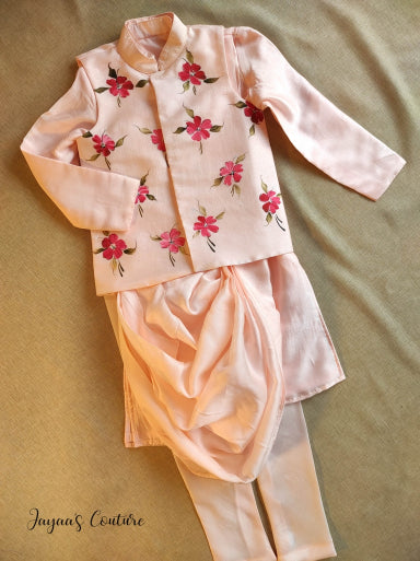 Blush pink kurta pants with hand painted jacket