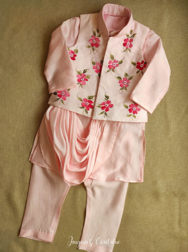 Blush pink kurta pants with hand painted jacket