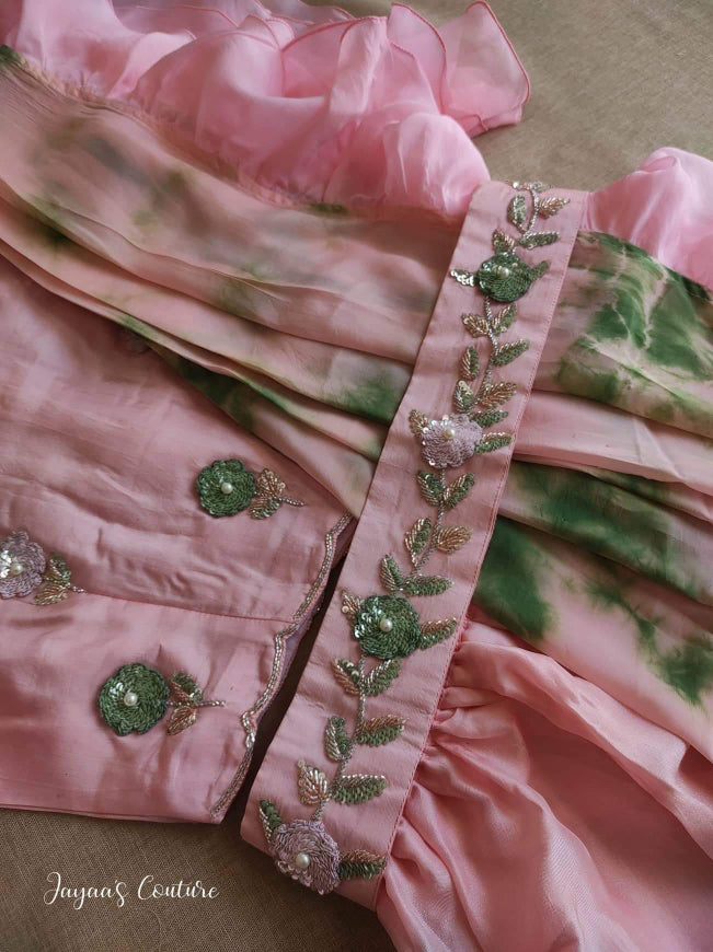 blush Pink Crop top with dhoti & tie dye dupatta