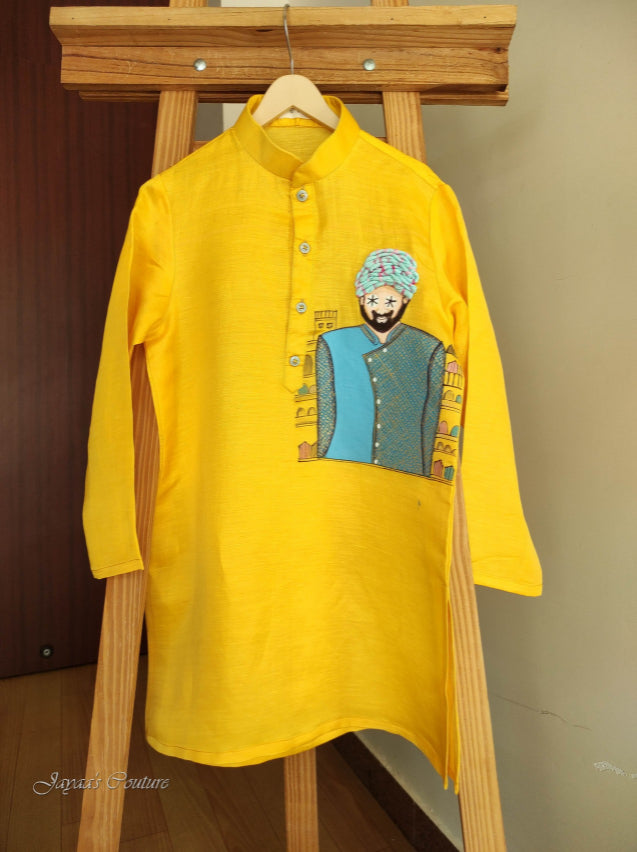 Yellow hand painted kurta with pant
