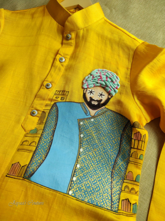 Yellow hand painted kurta with pant