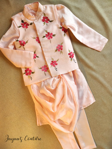 Blush pink kurta pants with hand painted jacket