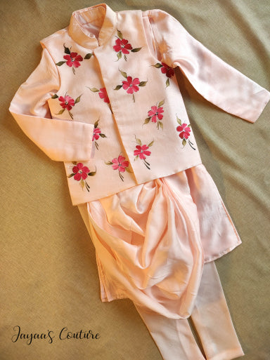 Blush pink kurta pants with hand painted jacket