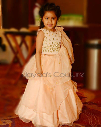 peach organza skirt top and frill dupatta