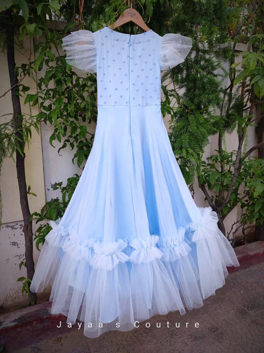 Powder blue ruffle pleated gown