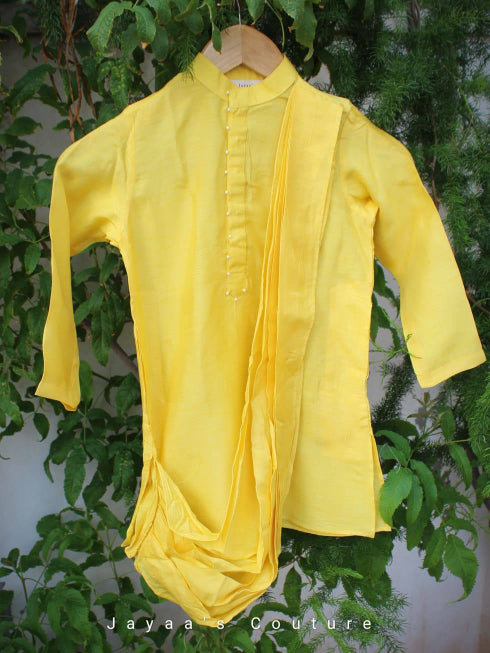 Draped yellow kurta with peach thread embroidery nehru jacket and yellow dhoti