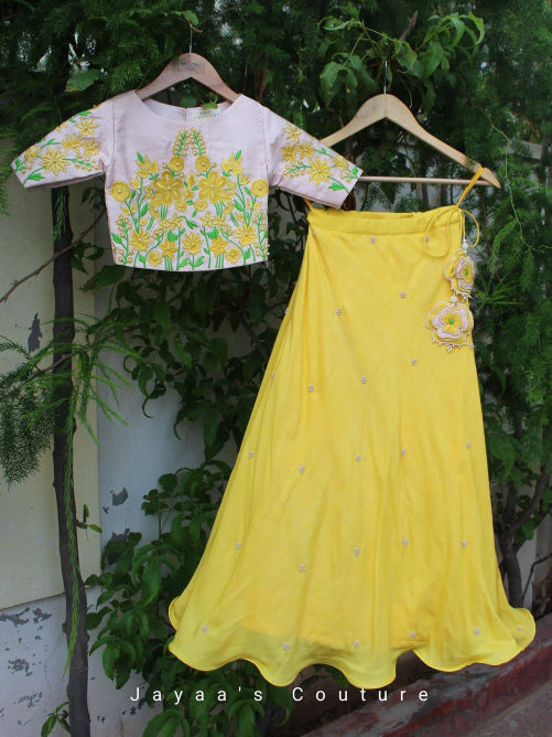 Yellow skirt with peach top Hand Embroidered.