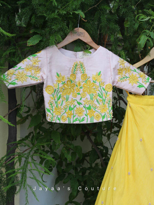 Yellow skirt with peach top Hand Embroidered.